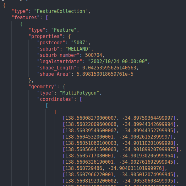 The GeoJSON file of Adelaide suburbs